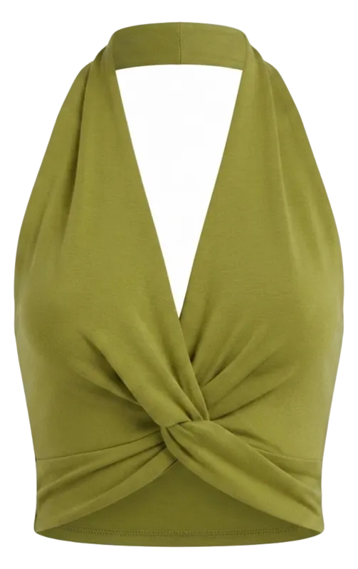 Olive green twist-front halter top