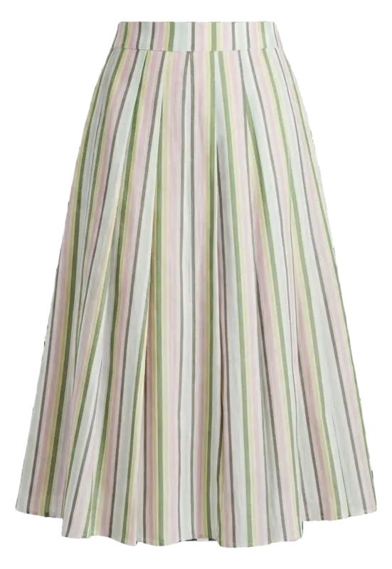 Pleated midi skirt in a fine green and cream stripe