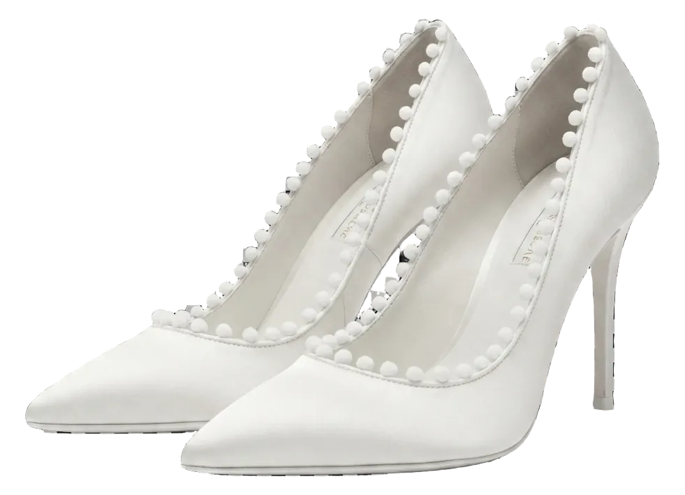 White leather stiletto pumps with pearl trim